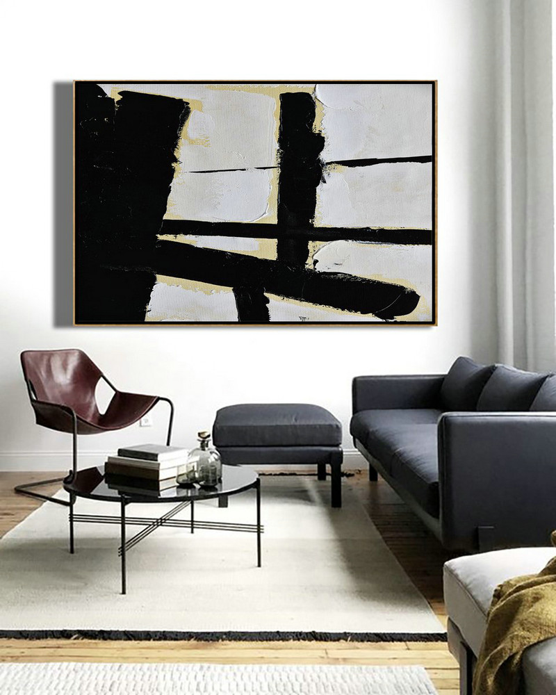 Acrylic Painting On Canvas,Horizontal Palette Knife Minimal Canvas Art Painting Black White Beige - Huge Abstract Canvas Art